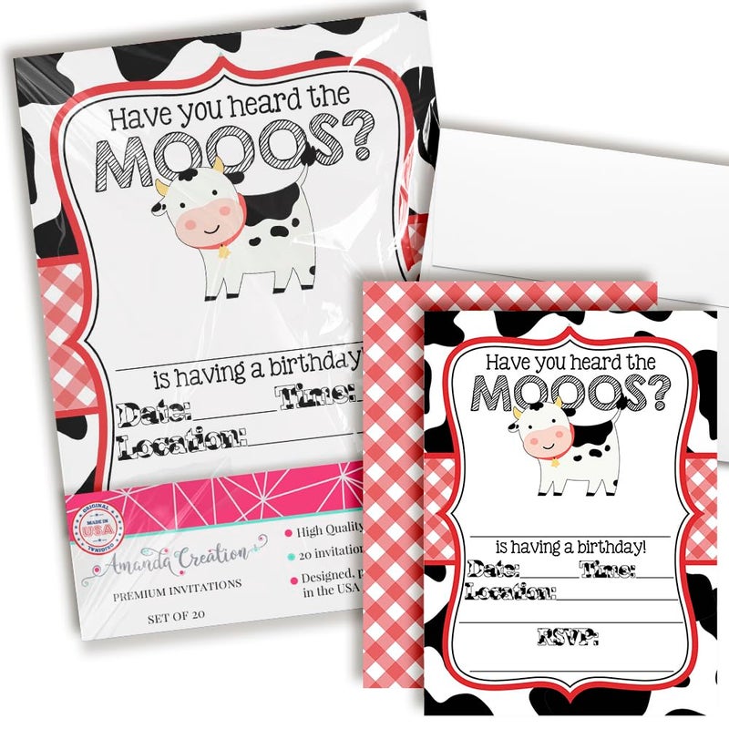 Amanda Creation Heard the Moos Red Cow-Themed Birthday Party Invitations for Kids, 20 5x7 Fill In Cards with Twenty White Envelopes by AmandaCreation - Image 1